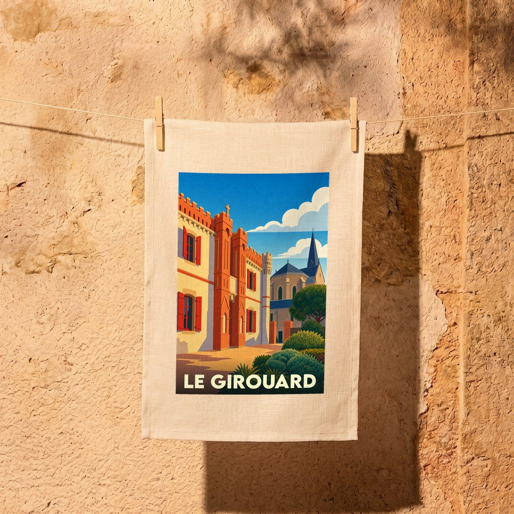 Torchon souvenir de la ville de Le Girouard avec une illustration colorée et stylisée de ses bâtiments.