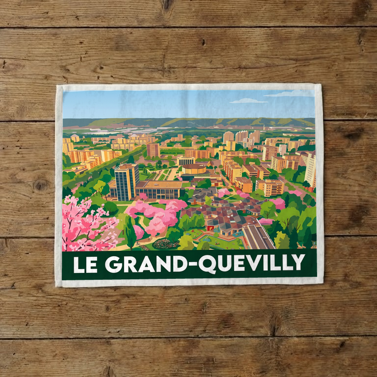 Torchon souvenir de la ville de Le Grand-Quevilly avec une illustration stylisée du paysage urbain.