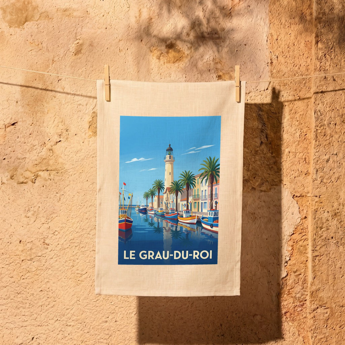 Torchon souvenir de la ville du Grau-du-Roi avec une illustration colorée de son port et de son phare.