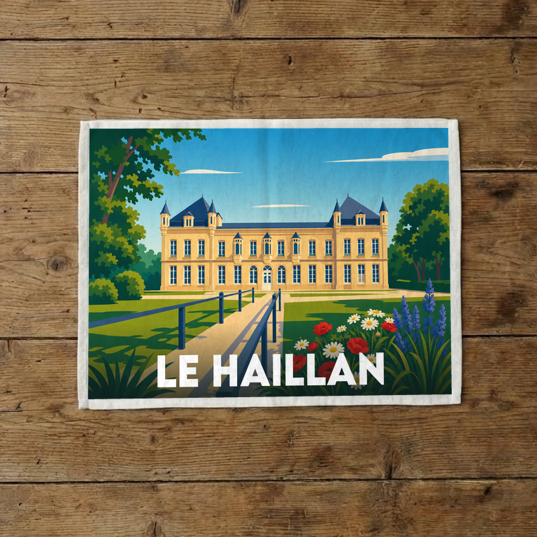 Torchon souvenir de la ville de Le Haillan avec une illustration stylisée de son château.