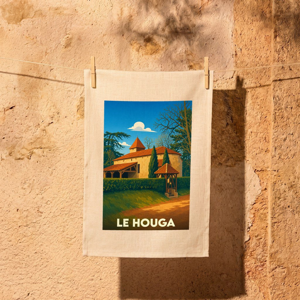 Torchon souvenir de la ville de Le Houga avec une illustration stylisée d'un bâtiment traditionnel.