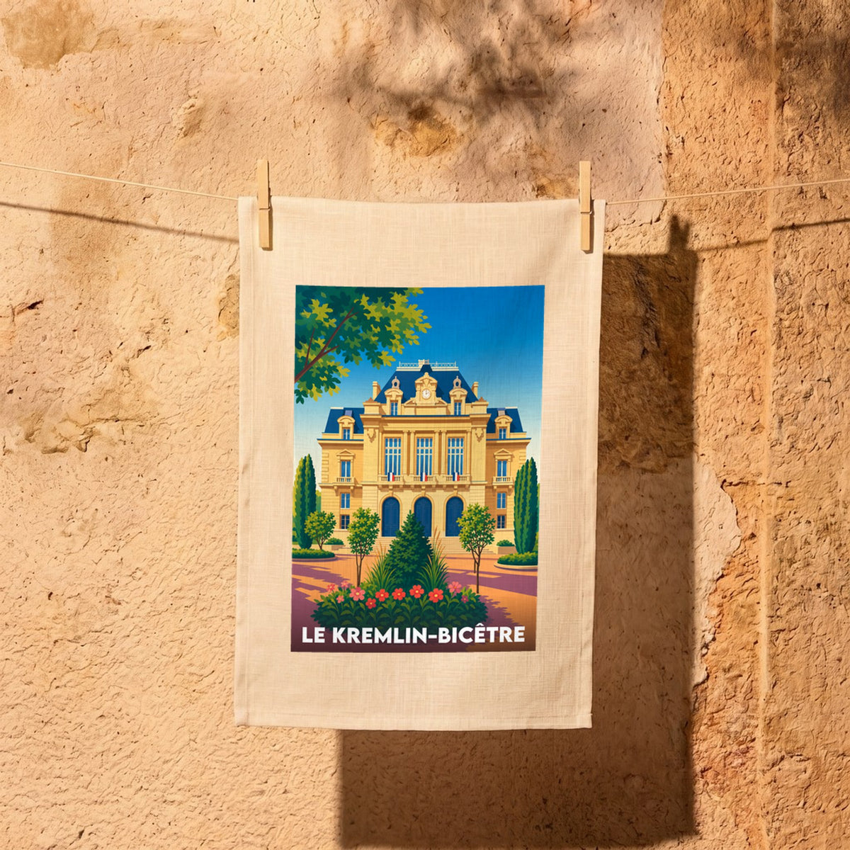 Torchon souvenir de la ville du Kremlin-Bicêtre avec une illustration stylisée de son hôtel de ville.