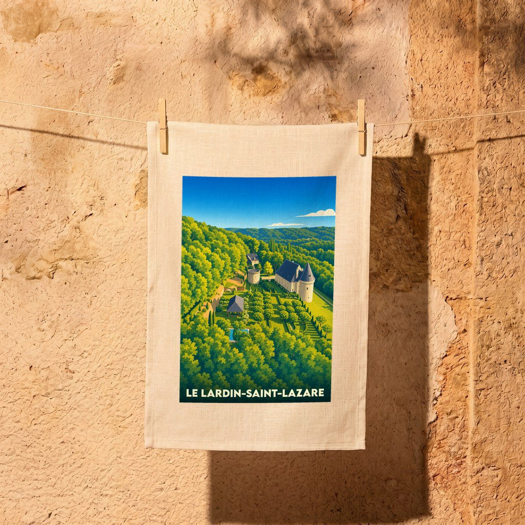 Torchon souvenir de la ville de Le Lardin-Saint-Lazare avec une illustration stylisée d'un domaine entouré de verdure.