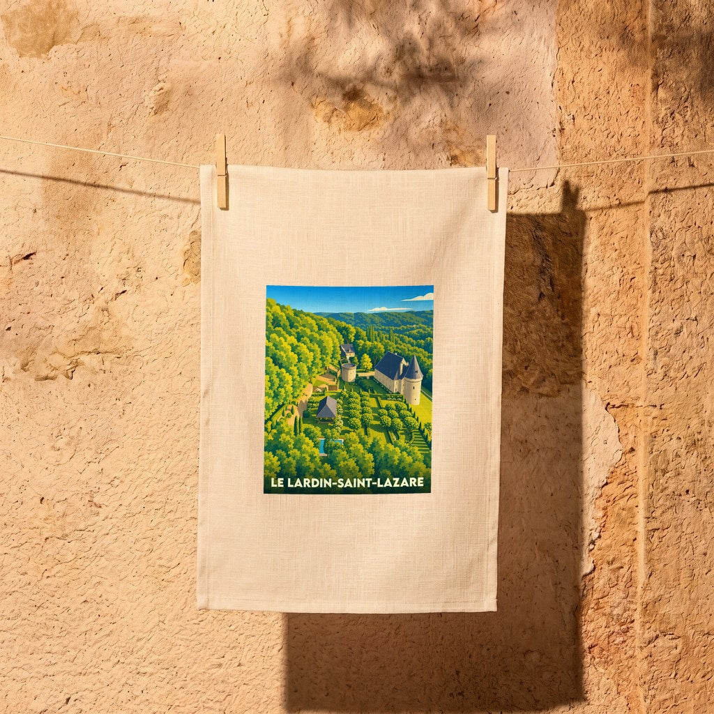 Torchon souvenir de la ville de Le Lardin-Saint-Lazare avec une illustration stylisée d'un domaine entouré de verdure.