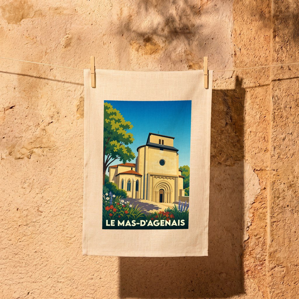 Torchon souvenir de la ville de Le Mas-d'Agenais illustrant son église collégiale dans un style affiche vintage.