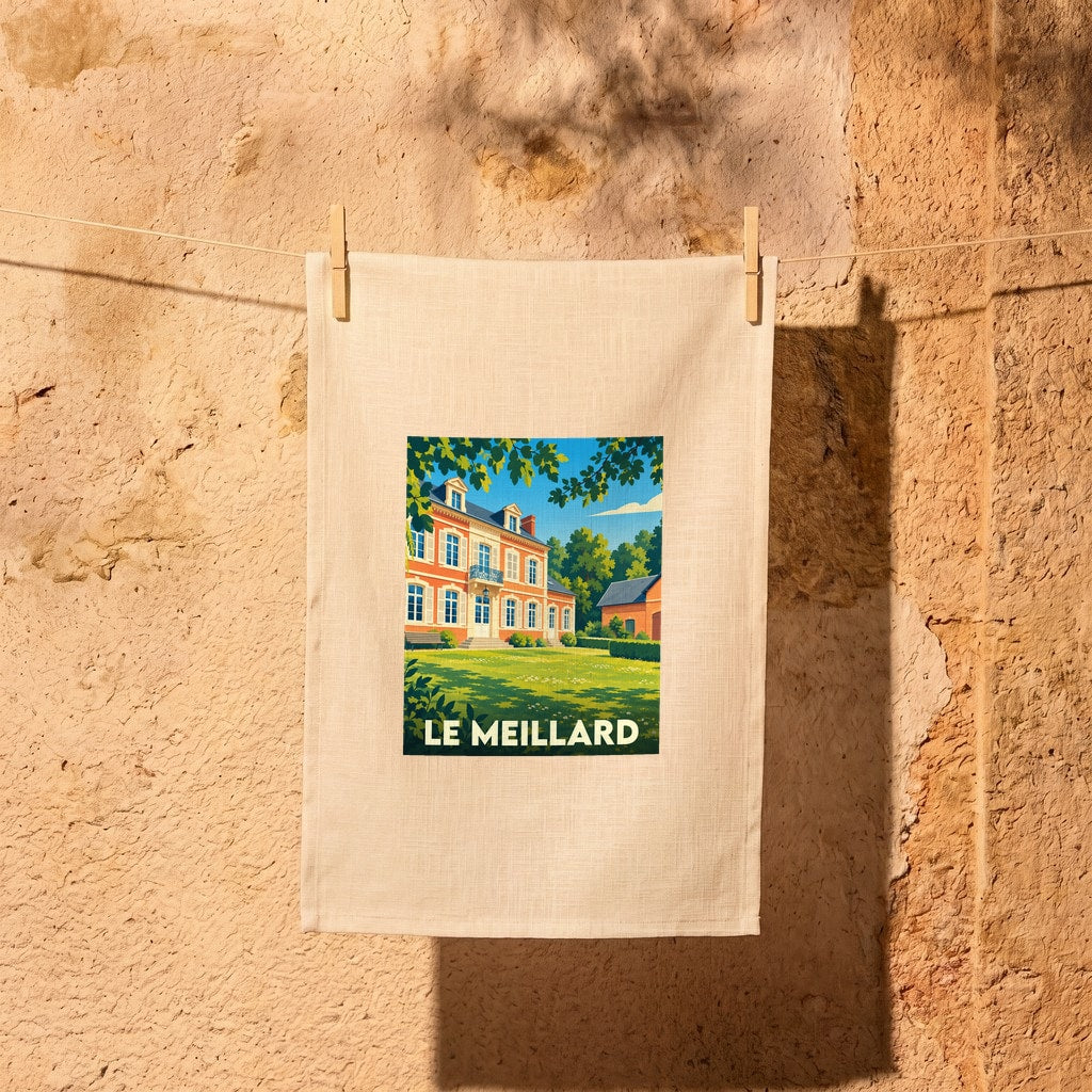 Torchon souvenir de la ville de Le Meillard avec une illustration stylisée d'une demeure bourgeoise.