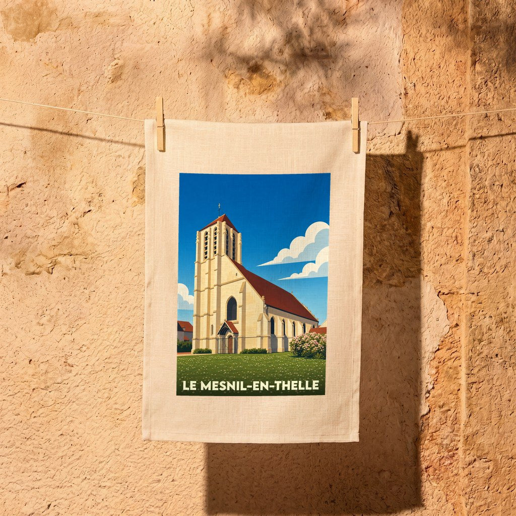 Torchon souvenir de la ville de Le Mesnil-en-Thelle avec une illustration stylisée de son église.