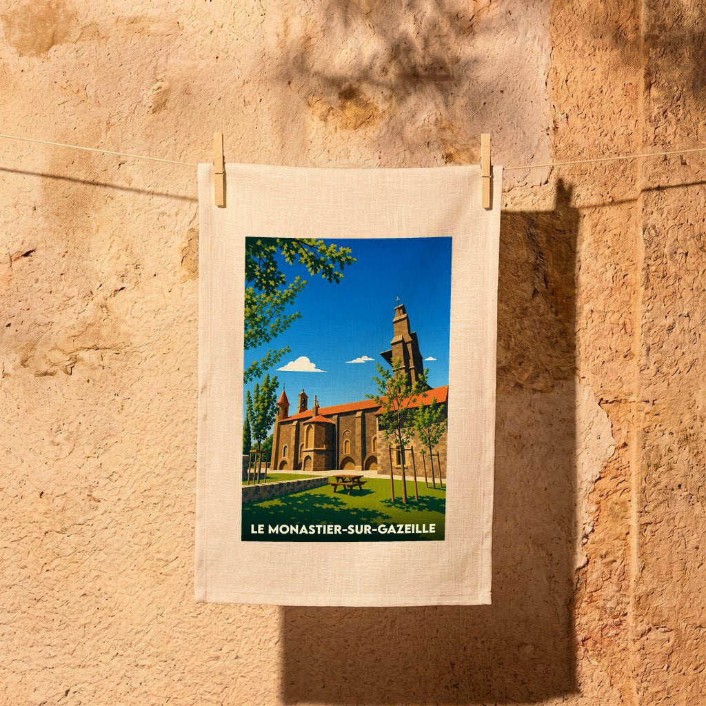 Torchon souvenir de la ville de Le Monastier-sur-Gazeille avec une illustration stylisée de son église abbatiale.