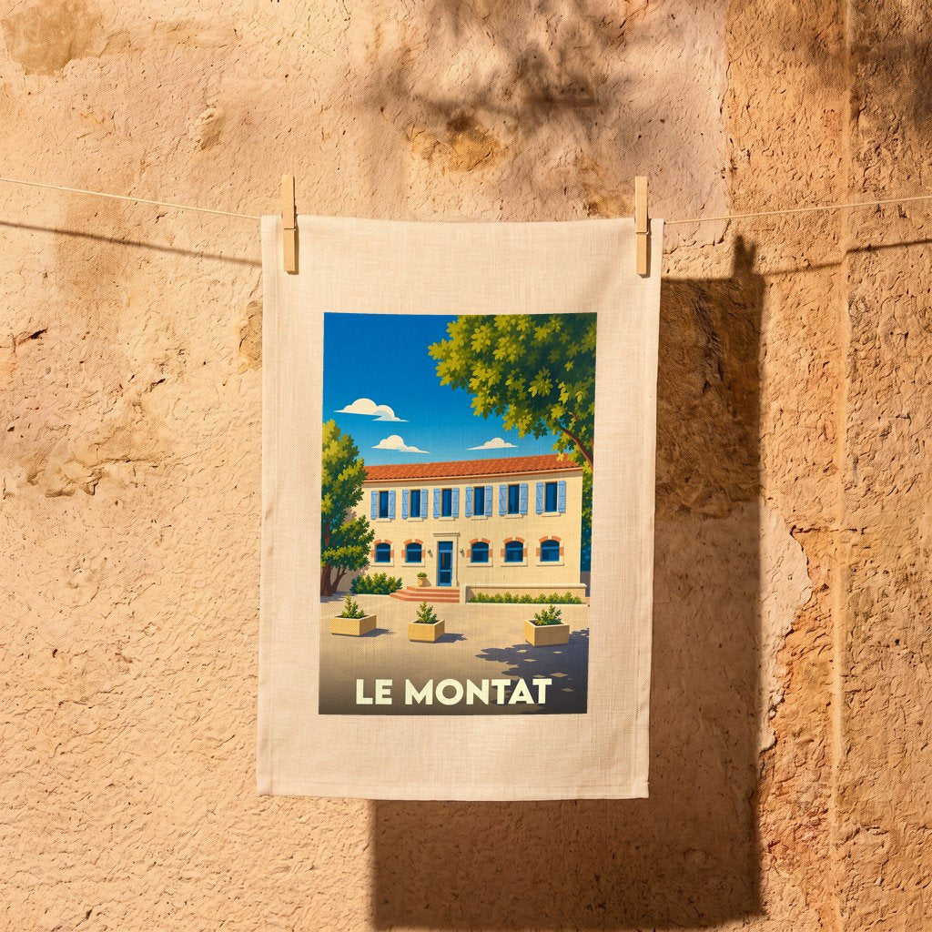 Torchon souvenir de la ville de Le Montat avec une illustration stylisée.