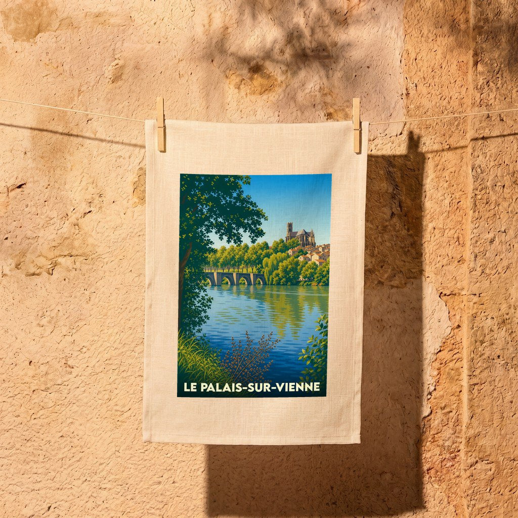 Torchon souvenir de la ville de Le Palais-sur-Vienne avec une illustration stylisée.