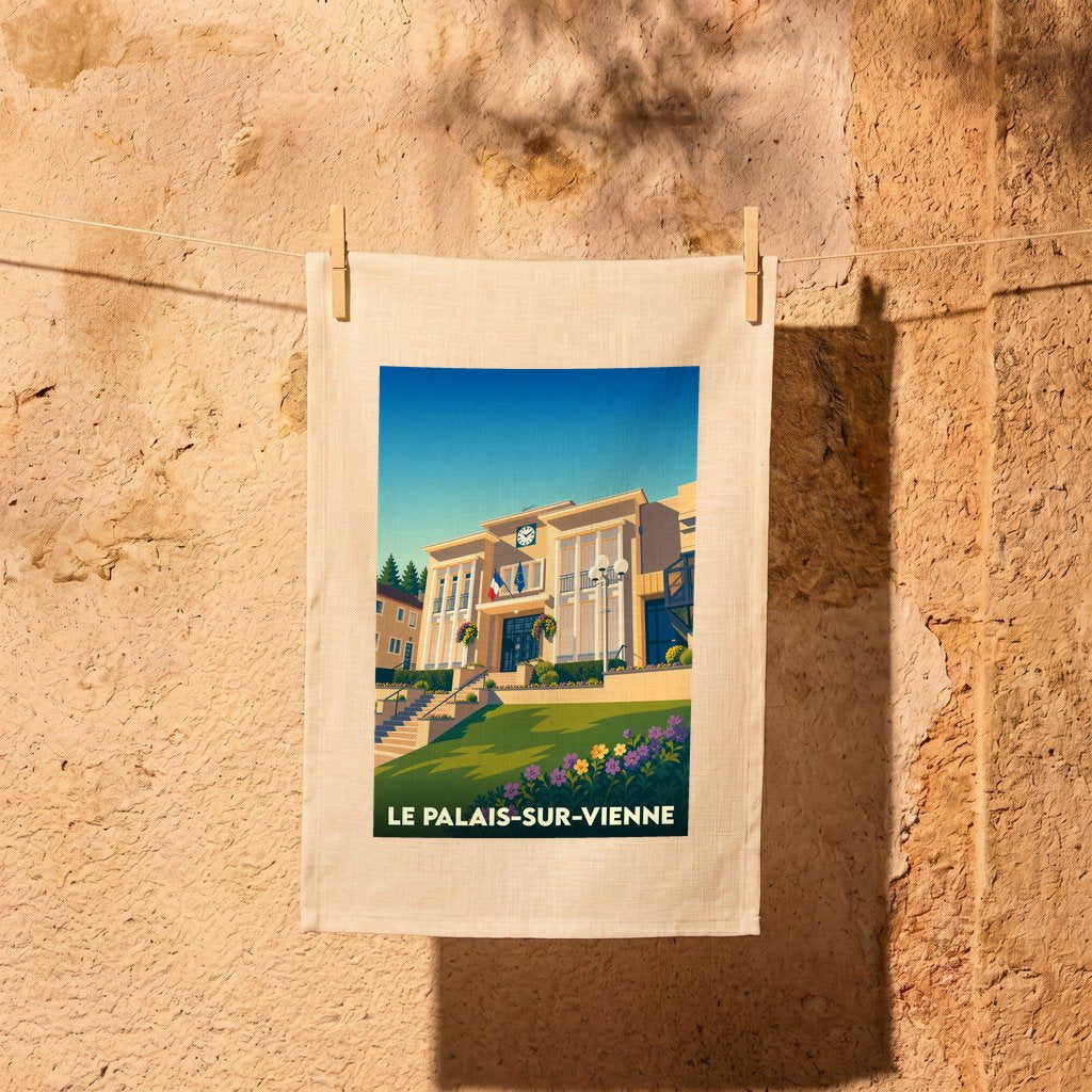 Torchon souvenir de la ville de Le Palais-sur-Vienne avec une illustration stylisée de sa mairie.