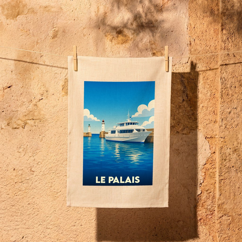 Torchon souvenir de la ville de Le Palais avec une illustration stylisée d'un bateau et de phares.