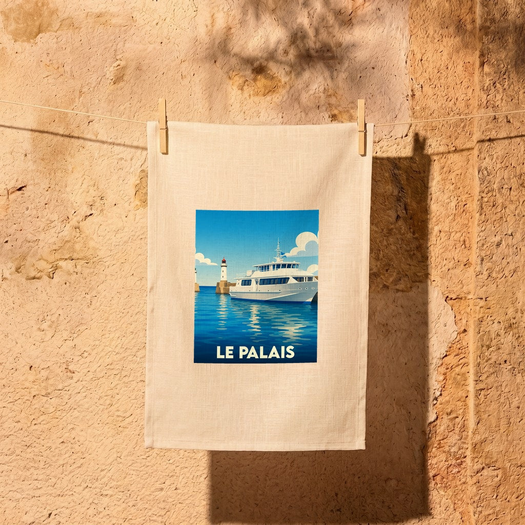 Torchon souvenir de la ville de Le Palais avec une illustration stylisée d'un bateau et de phares.