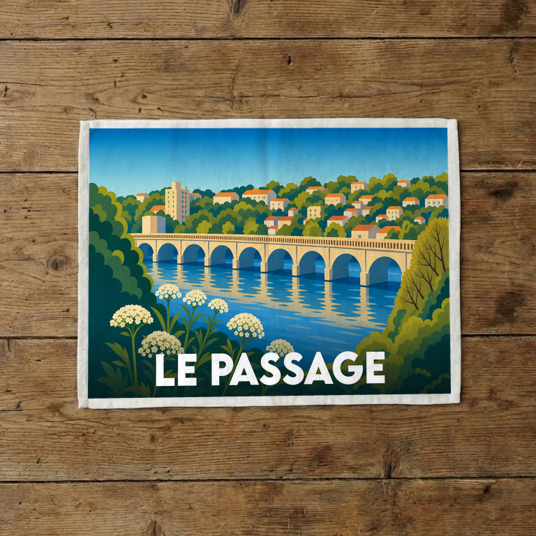 Torchon souvenir de la ville de Le Passage avec une illustration stylisée représentant son pont.