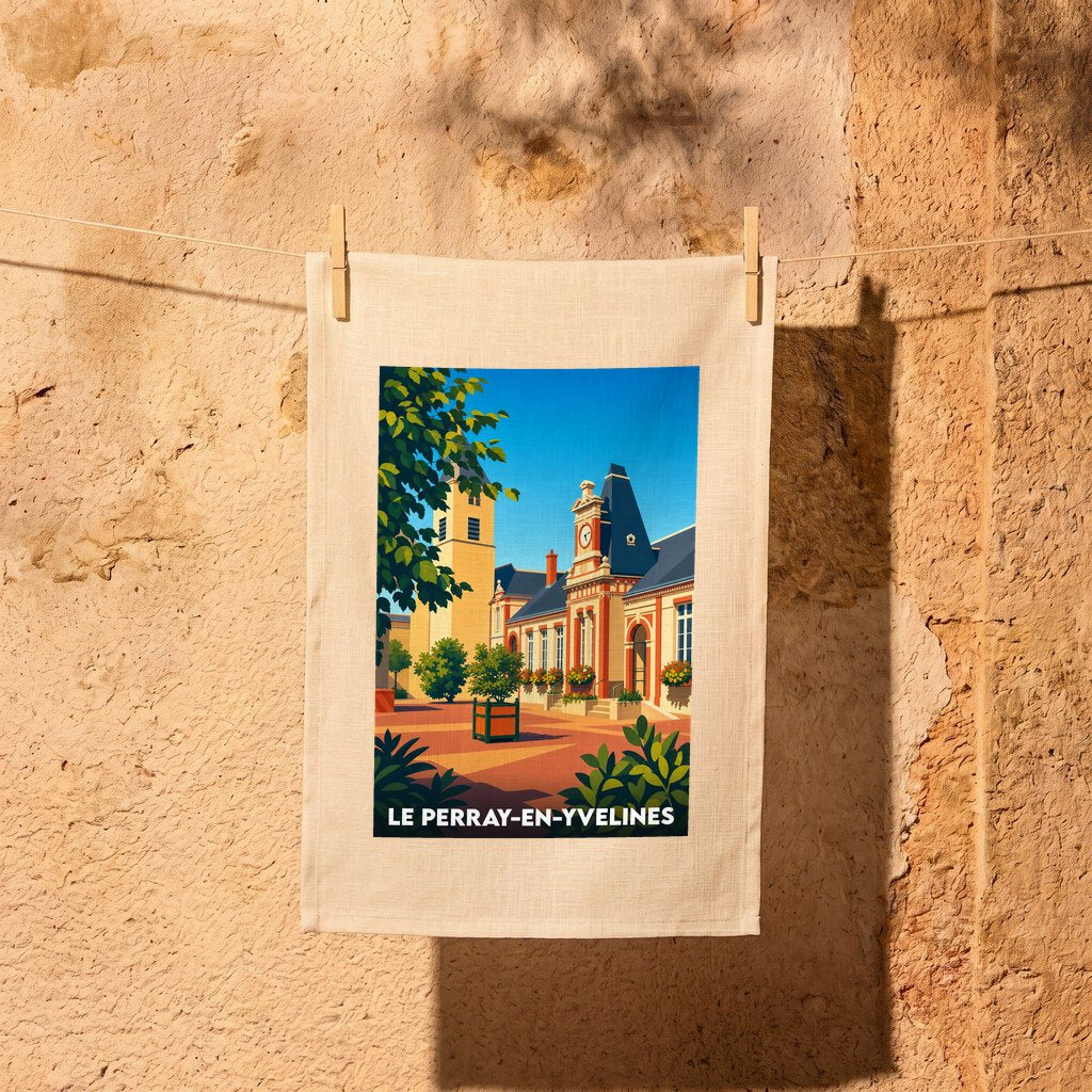 Torchon souvenir de la ville de Le Perray-en-Yvelines avec une illustration stylisée de son architecture.