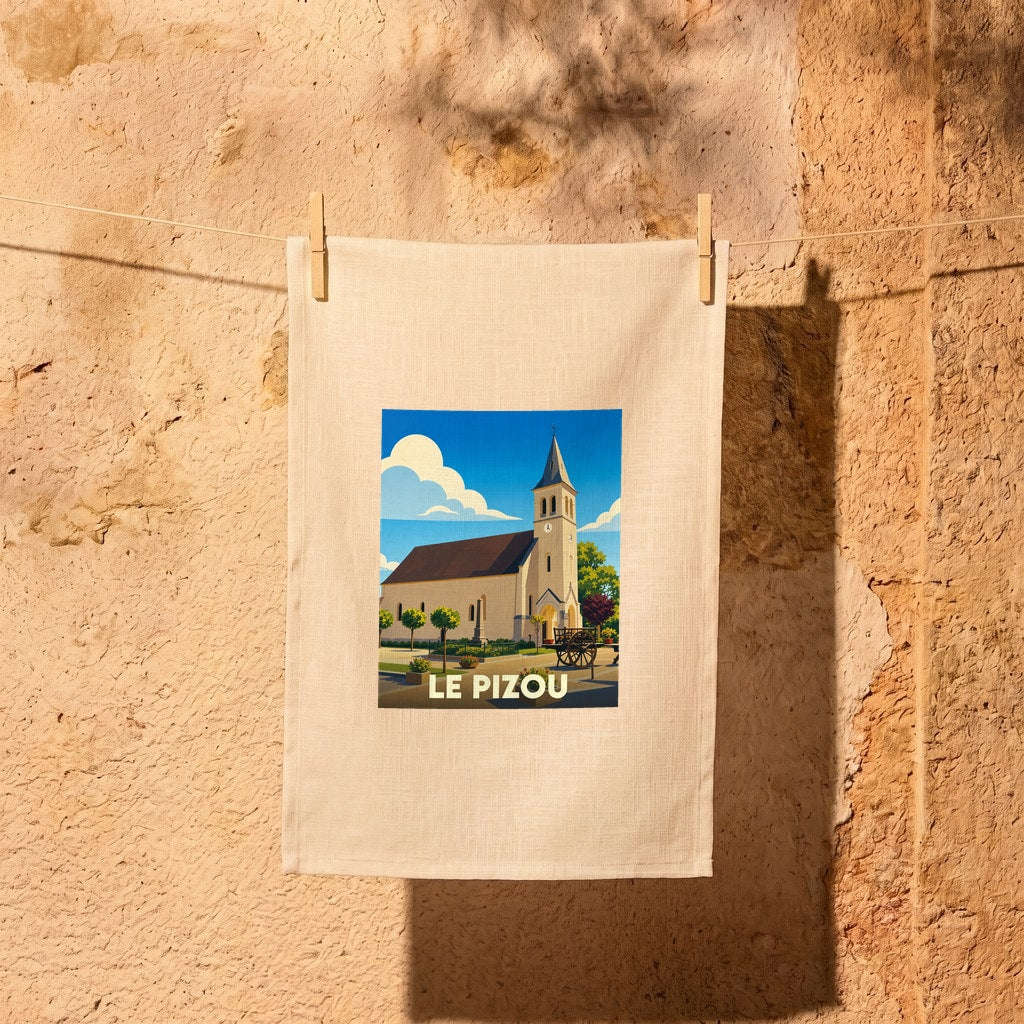 Torchon souvenir de la ville de Le Pizou orné d'une illustration stylisée de son église.