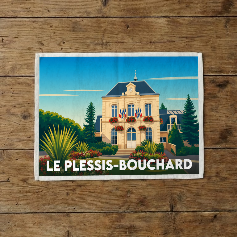 Torchon souvenir de la ville de Le Plessis-Bouchard avec une illustration stylisée de son hôtel de ville.