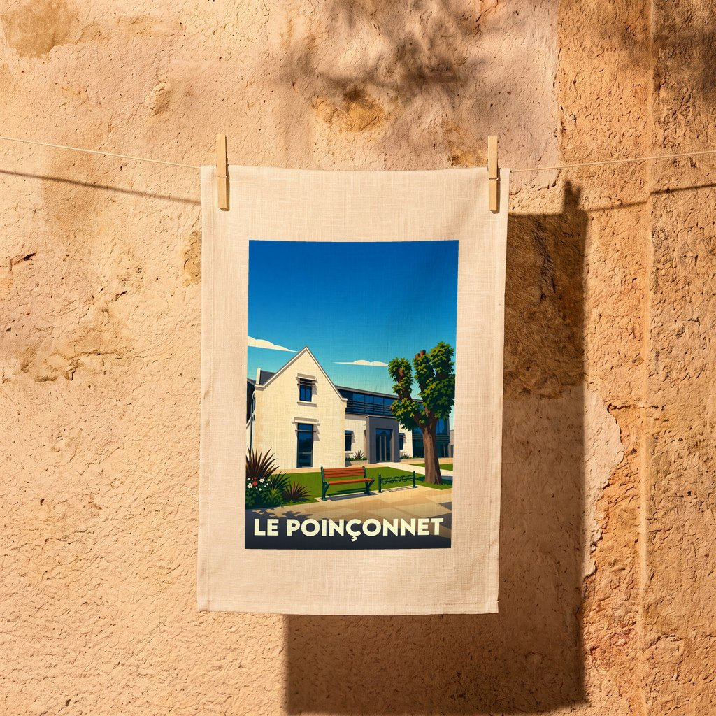 Torchon souvenir de la ville de Le Poinçonnet avec une illustration stylisée.