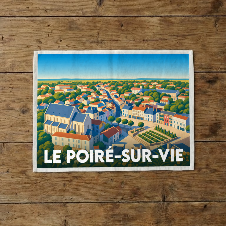 Torchon souvenir de la ville de Le Poiré-sur-Vie avec une illustration stylisée et colorée.