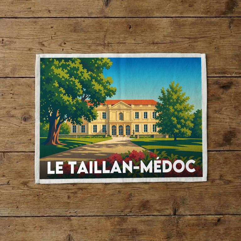 Torchon souvenir de la ville de Le Taillan-Médoc avec une illustration stylisée d'un château.