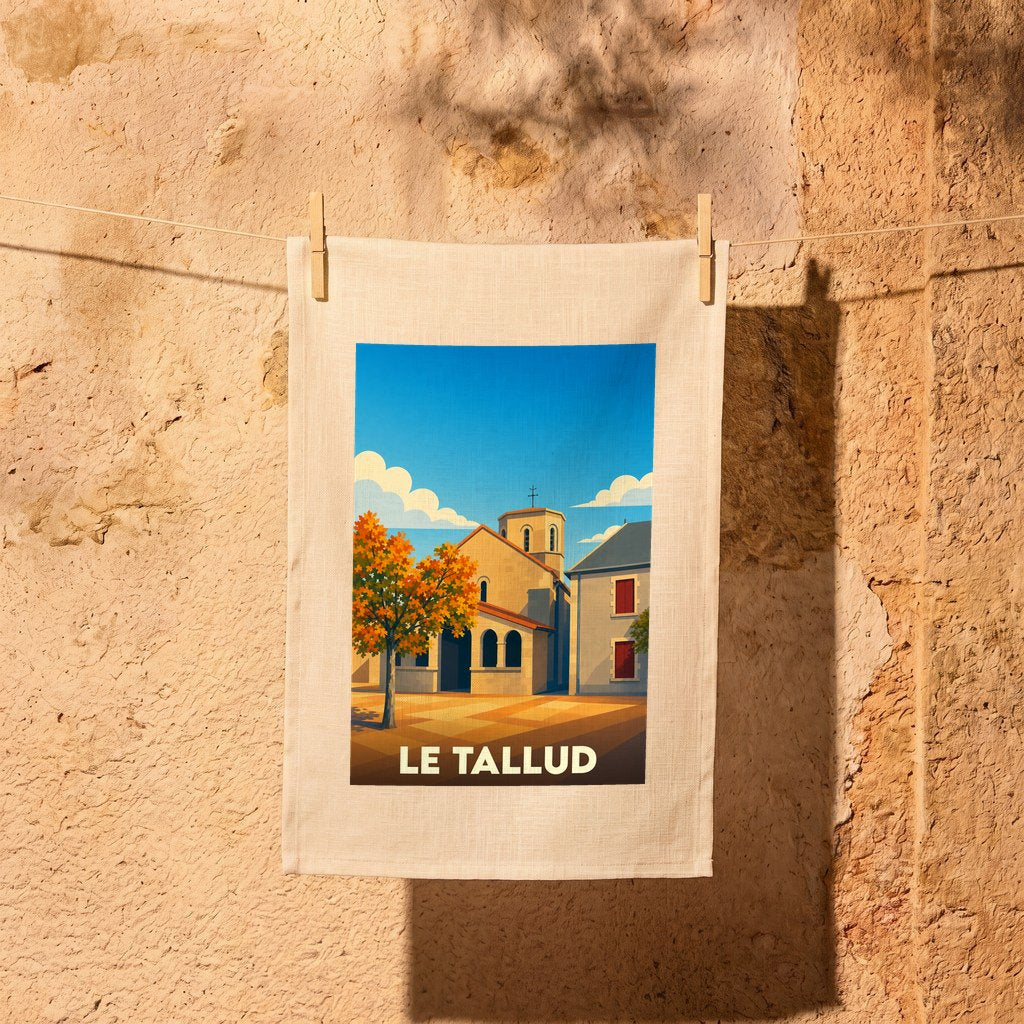 Torchon souvenir de la ville de Le Tallud avec une illustration stylisée d'une église sous un ciel bleu.
