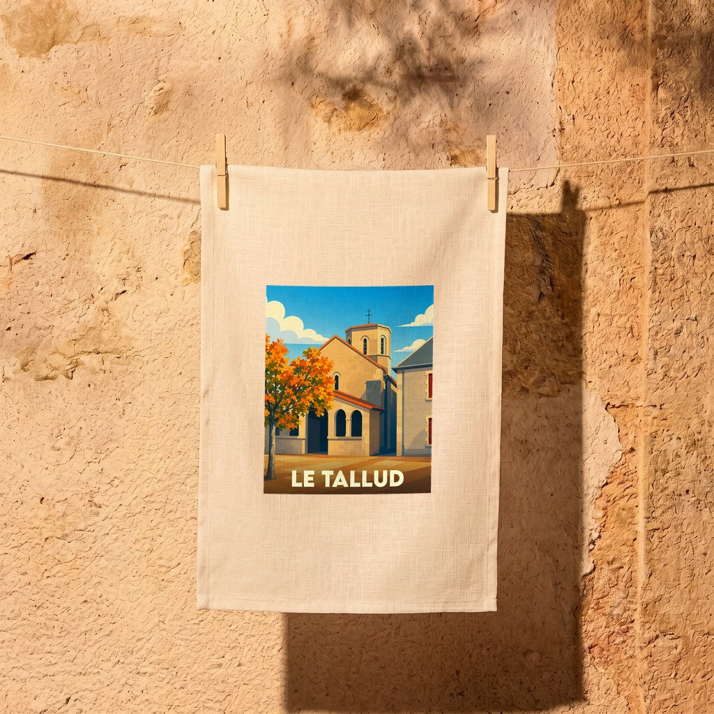 Torchon souvenir de la ville de Le Tallud avec une illustration stylisée d'une église sous un ciel bleu.