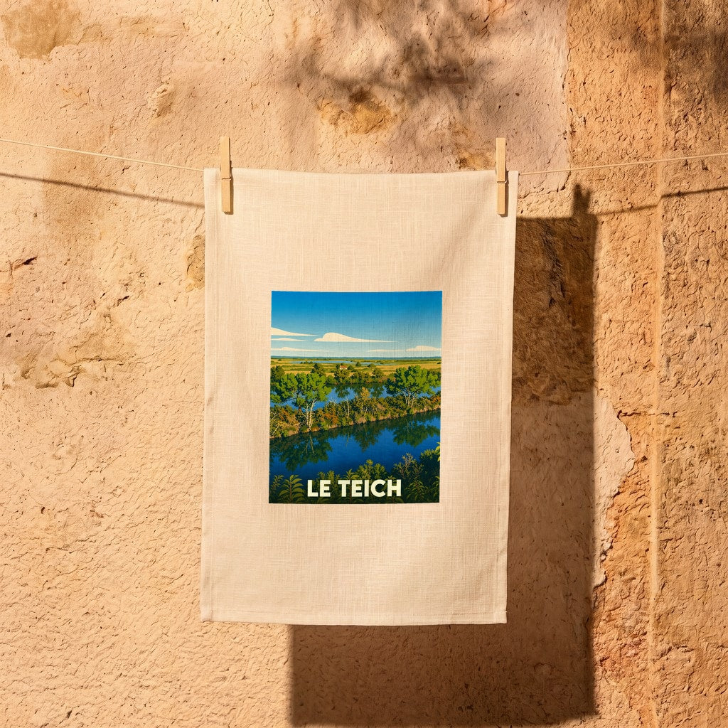 Torchon souvenir de la ville de Le Teich illustré d'un paysage naturel de marais et de cours d'eau.
