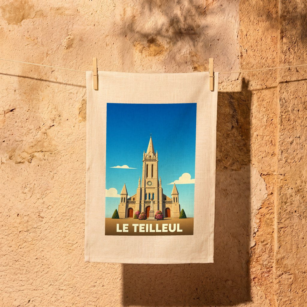 Torchon souvenir de la ville de Le Teilleul avec une illustration stylisée de son église.