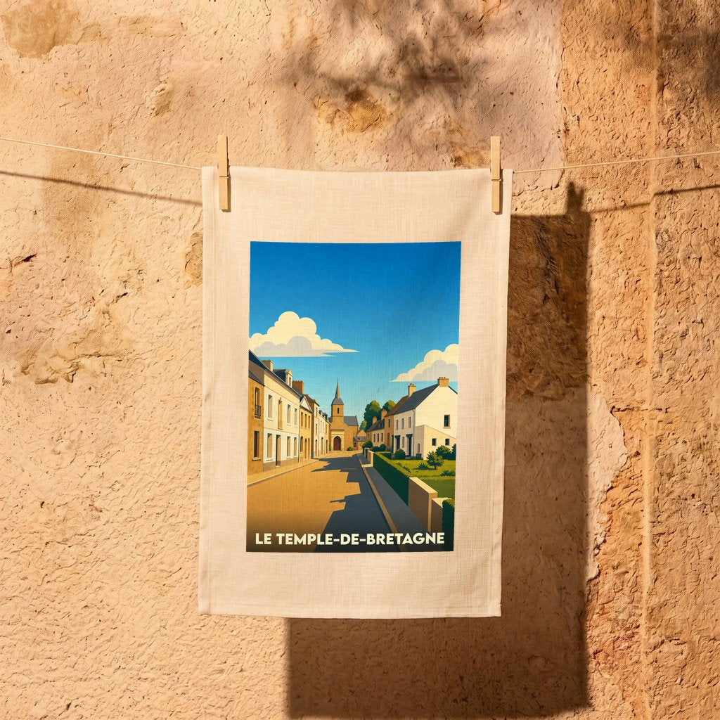 Torchon souvenir de la ville de Le Temple-de-Bretagne illustré d'un paysage urbain stylisé.