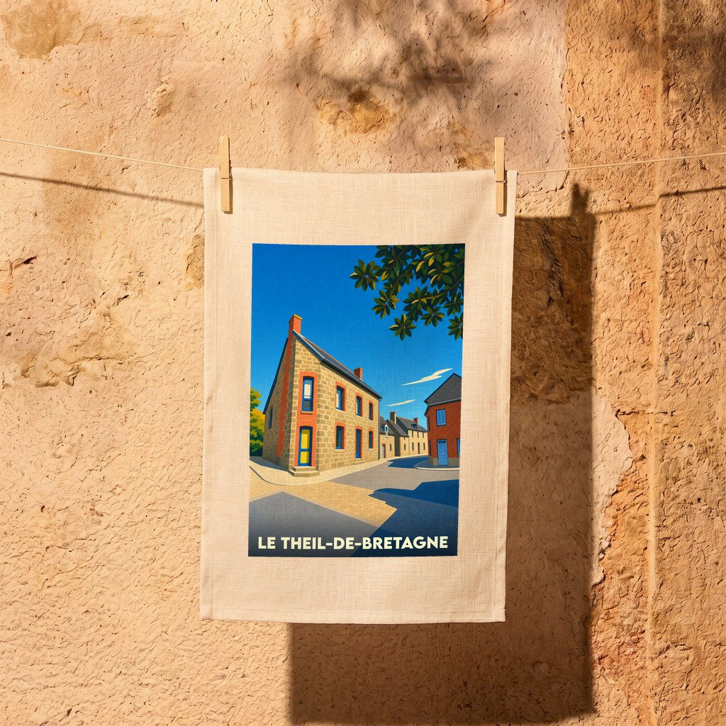 Torchon souvenir de la ville de Le Theil-de-Bretagne avec une illustration stylisée.