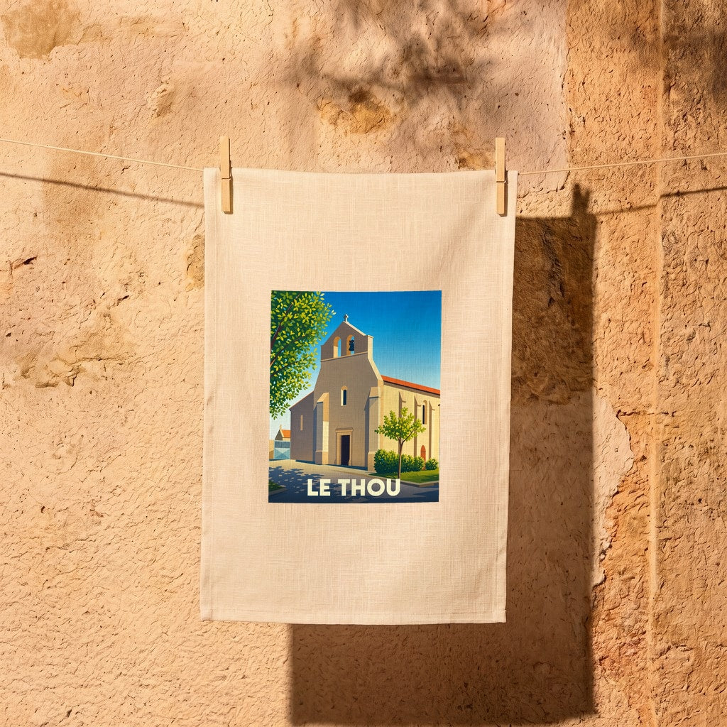 Torchon souvenir de la ville de Le Thou avec une illustration stylisée de son église.