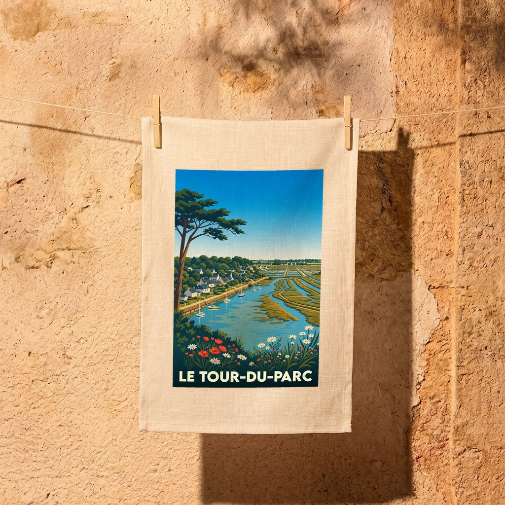Torchon souvenir de la ville de Le Tour-du-Parc avec une illustration stylisée de paysages côtiers.