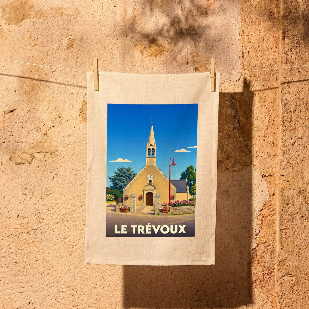 Torchon souvenir de la ville de Le Trévoux illustrant son église sous un ciel bleu radieux.