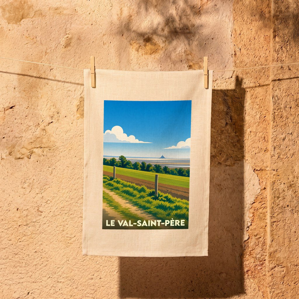 Torchon souvenir de la ville de Le Val-Saint-Père avec une illustration paysagère stylisée.