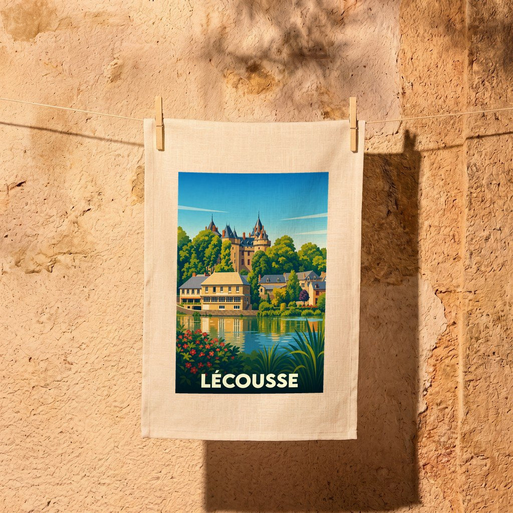 Torchon souvenir de la ville de Lécousse illustré d'un château au bord de l'eau dans un style vintage.