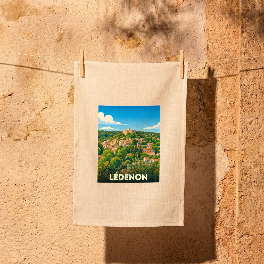 Torchon souvenir de la ville de Lédenon avec une illustration stylisée d'un village provençal.