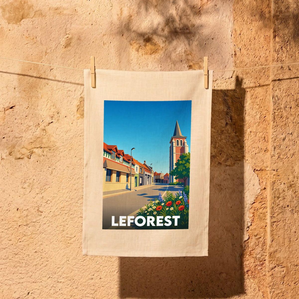 Torchon souvenir de la ville de Leforest avec une illustration stylisée.