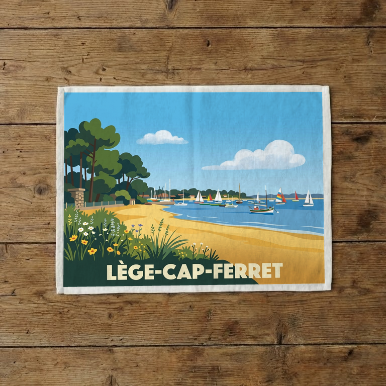 Torchon souvenir de la ville de Lège-Cap-Ferret avec une illustration stylisée.