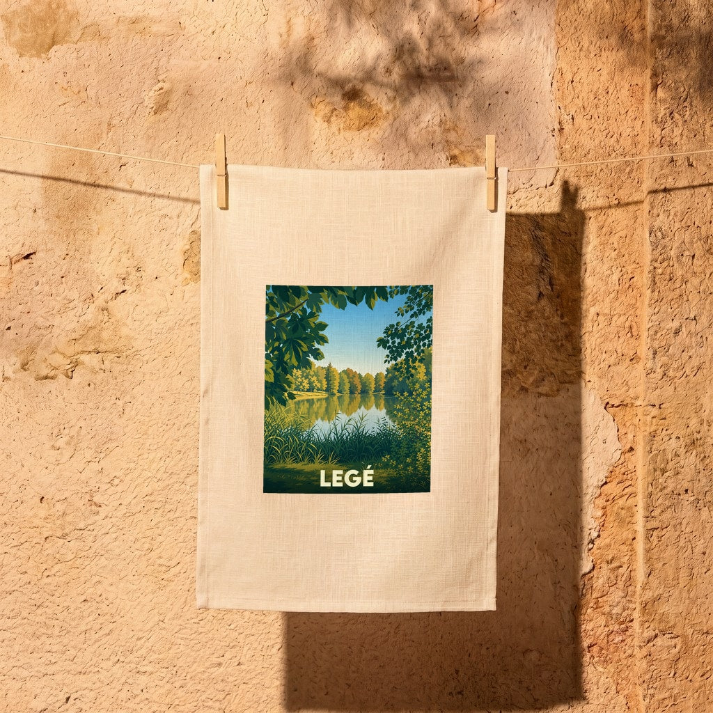 Torchon souvenir de la ville de Legé illustrant un paysage de lac paisible entouré de verdure.
