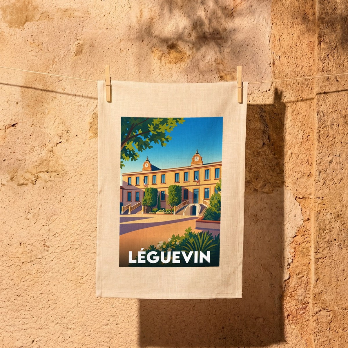Torchon souvenir de la ville de Léguevin avec une illustration stylisée de son hôtel de ville.