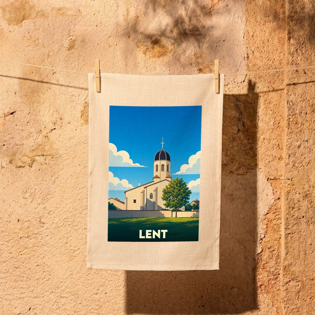 Torchon souvenir de la ville de Lent avec une illustration stylisée d'une église sous un ciel bleu.