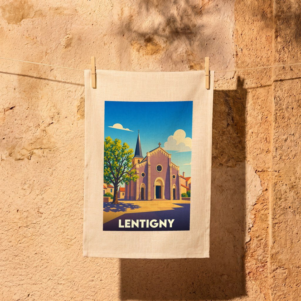Torchon souvenir de la ville de Lentigny avec une illustration stylisée de son église.