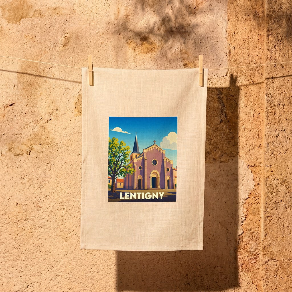 Torchon souvenir de la ville de Lentigny avec une illustration stylisée de son église.