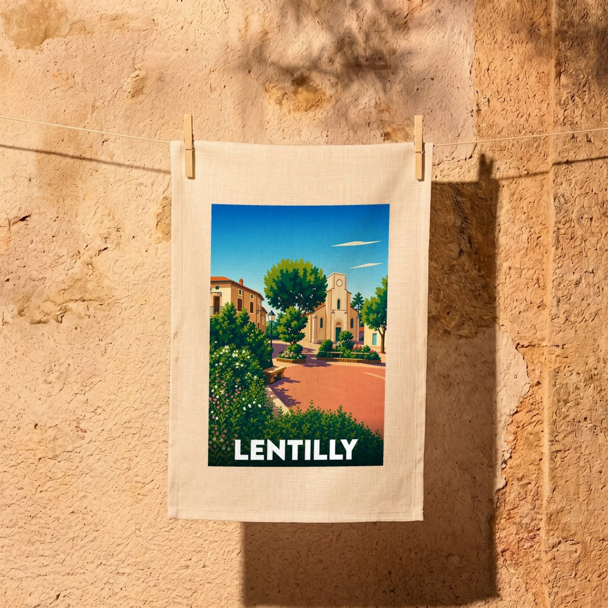 Torchon souvenir de la ville de Lentilly avec une illustration stylisée d'une place ensoleillée et son église.