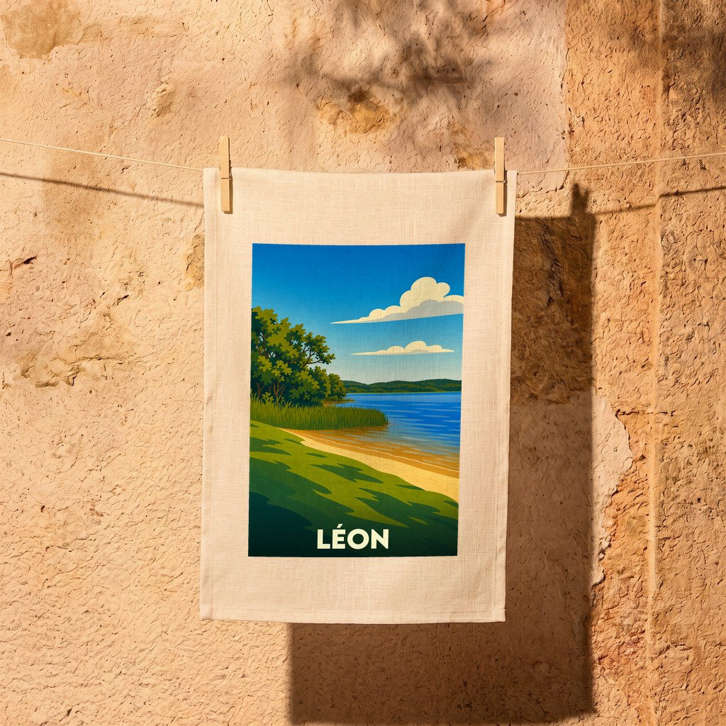 Torchon souvenir de la ville de Léon illustré par un paysage de lac au style épuré.