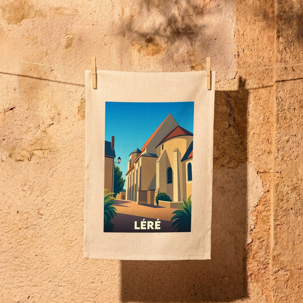 Torchon souvenir de la ville de Léré avec une illustration stylisée.