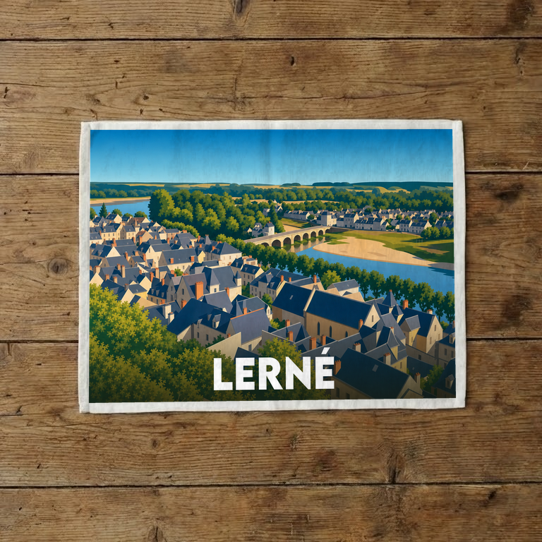 Torchon souvenir de la ville de Lerné avec une illustration paysagère stylisée.