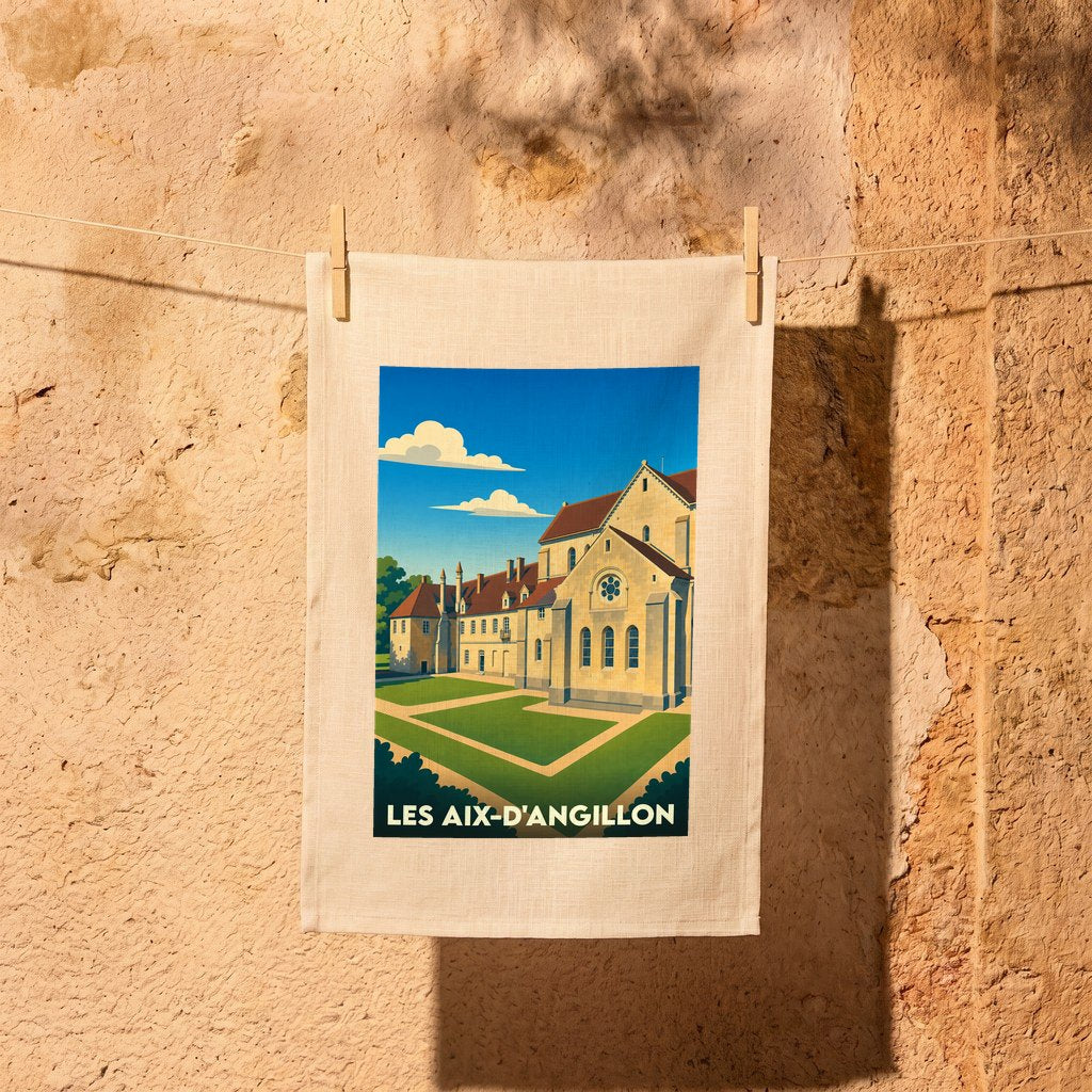 Torchon souvenir de la ville de Les Aix-d'Angillon avec une illustration stylisée de son patrimoine architectural.
