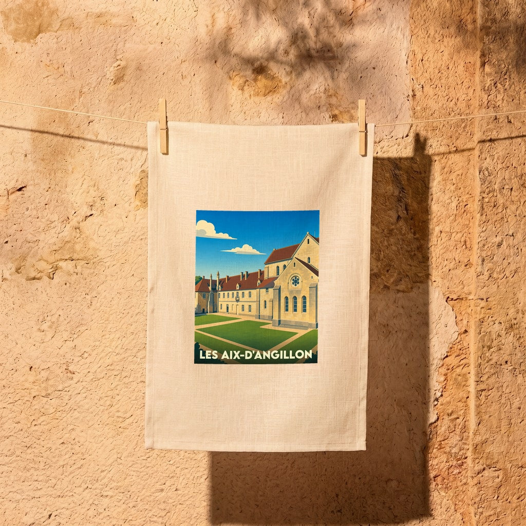 Torchon souvenir de la ville de Les Aix-d'Angillon avec une illustration stylisée de son patrimoine architectural.