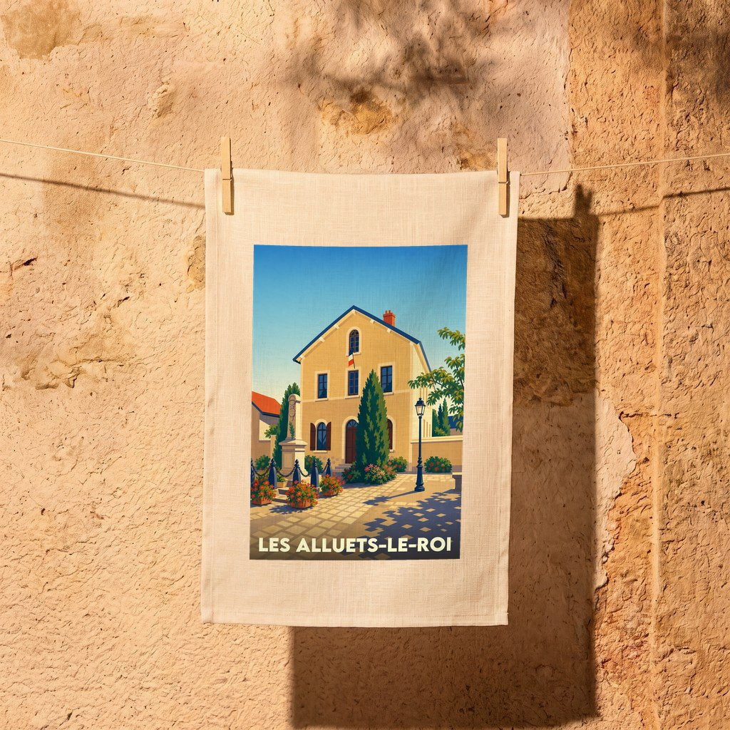 Torchon souvenir de la ville de Les Alluets-le-Roi avec une illustration stylisée.